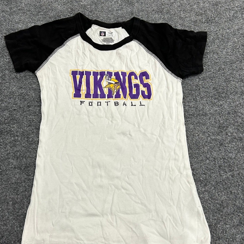 NFL Team Apparel Shirt Womens Size M White Black Raglan Cotton Vikings Football